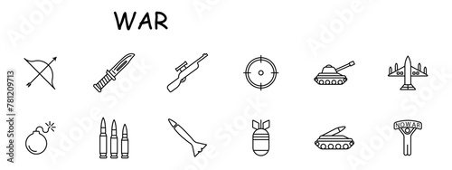 Weapon set icon. Tank, man, banner, no war, artillery, plane, bomber, military equipment, bow, rifle, knife, rocket. Third world countries and military operations in them concept. Vector line icon.