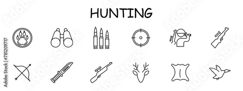 Chase set icon. Bear paw badge, rifle, bow, deer, skin, knife, bullet, horns, crosshair, sight, binoculars, silhouette, man, duck, . Hunting concept. Vector line icon.