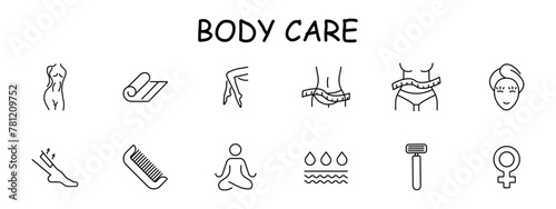 Female beauty set icon. Female legs and figure, silhouette, meditation, liquid, skin, razor, ruler, comb, towel, hair removal, beauty, . Self care concept. Vector line icon.