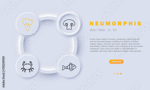 Products set icon. Fish, crab, seafood, cut mushroom, broccoli, delicacy, unusual food, scales, fins, health care, diet, circle, button. Healthy eating concept. Neumorphis style.