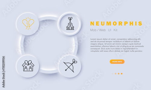 Divorce set icon. Broken heart, schism, house, people, bow, bowstring, church, circle, button. Parting, ending a relationship concept. Neumorphis style.