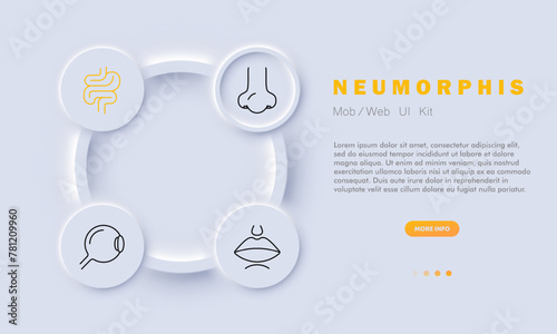 Organs icon set. Intestines, gastric tract, lips, nose, silhouette, eyeball, pupil, nose, flat design, anatomical structures. Medical research concept. Neumorphis style.