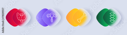 Organs set icon. Female reproductive organ, pelvis, bone, skeleton, spine, vertebrae, gradient. Nurturing and attending to one's physical and reproductive health concept. Glassmorphism style.