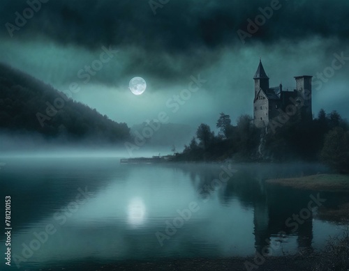 満月と湖に聳える廃墟の城1
