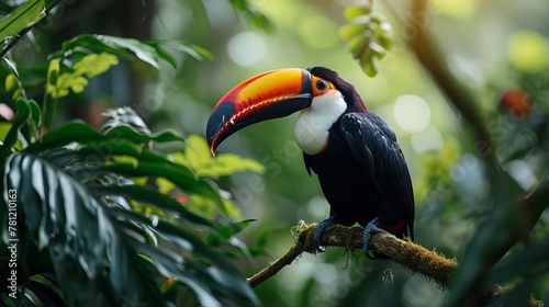 Vibrant Toucan Perched on a Branch Amidst Lush Green Foliage Illuminated by Sunlight Filtering Through the Leaves © AounMuhammad
