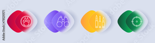 Weapons set icon. Bear paw badge, huntsman crest, sight, crosshair, bullet, caliber, binoculars, lenses, bowstring, gradient. Concept of hunting and hunting weapons. Glassmorphism style.