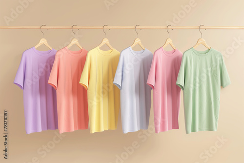 set of pastel colorful t-shirts hanging on wooden hangers against the background of an empty beige wall  a mockup with space for text or design. A stylish way to display in a store  shop front