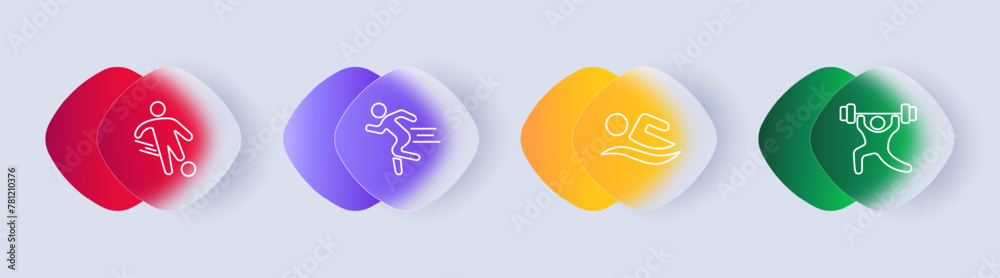 Useful hobby set icon. Football, swimming, lifting heavy weights, running, health care, outdoor activities, sports, gradient. Healthy lifestyle concept. Glassmorphism style. Useful hobby set icon. Football, swimming, lifting heavy weights, running, health care, outdoor activities, sports, gradient. Healthy lifestyle concept. Glassmorphism style.