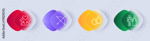Wedding icon set. House, living together, bow, rings, man, woman, wedding suit and dress, heart, love, getting married, gradient. Concept of starting a relationship. Glassmorphism style.