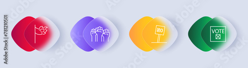 Uprising icon set. Flag, fire, hand, fist, no, banner, sign, voting, community, rebels, uprising, flat design, gradient. Fight against the regime concept. Glassmorphism style.