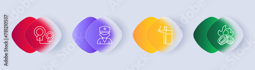 Uprising icon set. Handcuffs, prison, bondage, tires, tires, fire, police, uniform, operational team, flat design, gradient. Fight against the regime concept. Glassmorphism style.