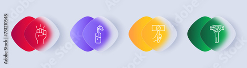 Uprising icon set. Fist, hand, battle, Mootov cocktail, bottle, fire, banner, ban, stop sign, protest, man. silhouette, flat design, gradient. Fight against the regime concept. Glassmorphism style.