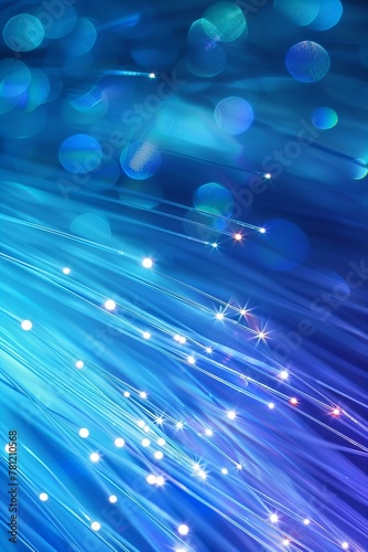 Fiber optic cables with vibrant bokeh lights. Technology and communication