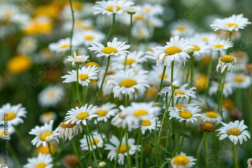 Closeup shot of a bunch of daisies in a green field