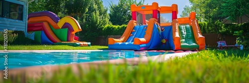 Inflatable water slides by residential pool in suburban backyard. Family fun summer activities.