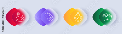 Rest set icon. Travel, vacation, clock, time, stopwatch, do not disturb icon, landscape, hotel, tropics, palm trees, trees, path, gradient. Tourism and wandering concept. Glassmorphism style.