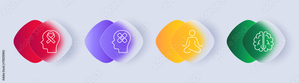 Mood icon set. Human, silhouette, ribbon, fight against cancer, patch, treatment, rehabilitation, meditation, man, brain, gradient. Controlling your condition concept. Glassmorphism style. Mood icon set. Human, silhouette, ribbon, fight against cancer, patch, treatment, rehabilitation, meditation, man, brain, gradient. Controlling your condition concept. Glassmorphism style.