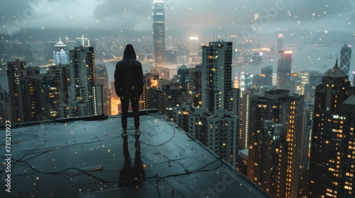 Solitary AI figure on a rain-soaked rooftop overlooking a sprawling cyberpunk 