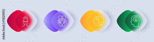 Mood icon set. Man, silhouette, fire, anger, aggression, brain, hands, proposal, heart, cross, health care, yin yang, gradient. Controlling your condition concept. Glassmorphism style.