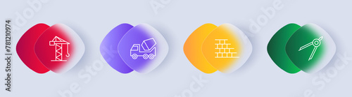 Construction set icon. Repair supplies, equipment, gradient, concrete mixer, heavy equipment, crane, hoist, tracks, compass, wall. Construction equipment concept. Glassmorphism style.