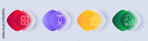 Construction set icon. Repair supplies, equipment, gradient, bump stop, workplace, house, foundation, cascade, window, transportation vehicle. Construction equipment concept. Glassmorphism style.