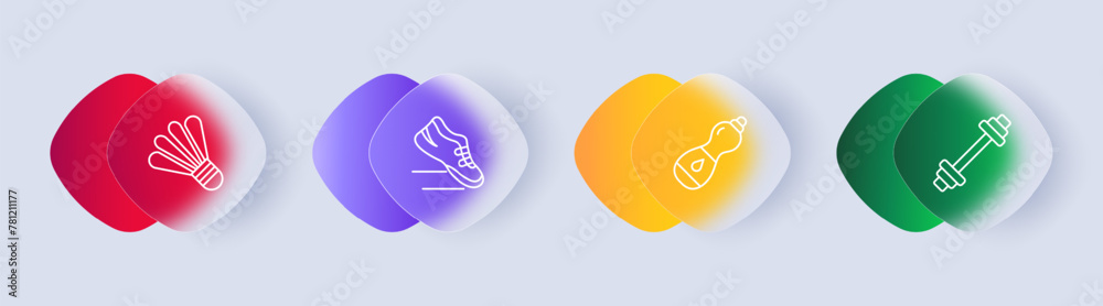 Fototapeta premium Useful hobby set icon. Shuttlecock, sports equipment, sneakers, running, water, maintaining hydration, heavy weight, barbell, health care, gradient. Healthy lifestyle concept. Glassmorphism style.