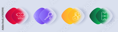 Useful hobby set icon. T shirt, number 10, tennis racket and ball, boxing gloves, air hockey, health care, outdoor activities, sports, gradient. Healthy lifestyle concept. Glassmorphism style.