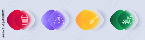Construction set icon. Repair supplies, equipment, gradient, bucket, heavy equipment, tracks, crane, danger sign, exclamation mark, screwdriver. Construction equipment concept. Glassmorphism style.
