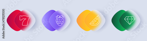 Casino set icon. Seven, strawberry, watermelon, seeds, leaves, diamond, bet, win, loss, victory, excitement, slot machine, chips, bet, gradient. Gambling concept. Glassmorphism style.
