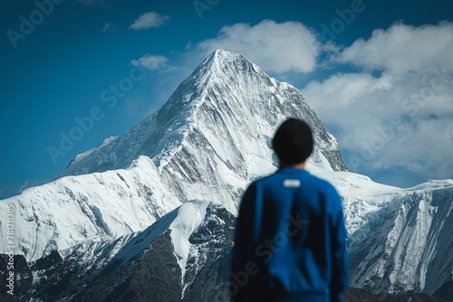 Young boy sightseeing the snow-covered peak of an Alpine mount photo