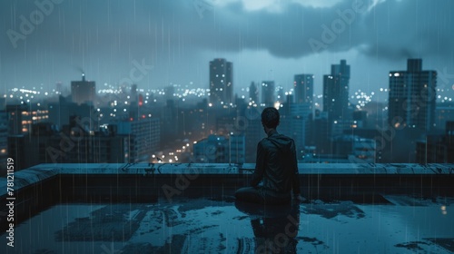 Solitary AI figure on a rain-soaked rooftop overlooking a sprawling cyberpunk metropolis