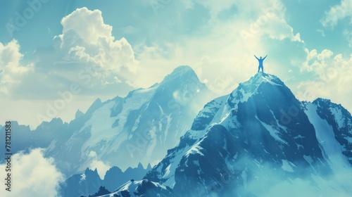 A person standing on a mountaintop with arms raised in celebration, representing the success of long-term investment goals achieved. 