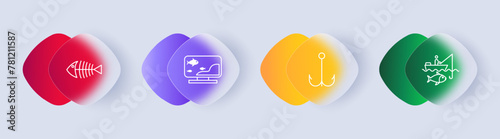 Fish icon set. Fishing, TV show, skeleton, float, hook, man, pier, bait, bait, silhouette, bait, underwater inhabitants, gradient. Outdoor recreation, active leisure concept. Glassmorphism style.