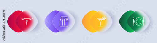 Food set icon. Sausage, fork, glass, drink, tube, cocktail, lemon, lime, packed lunch, spoon, fork, kitchen utensils, gradient, flat style. Culinary dishes concept. Glassmorphism style.