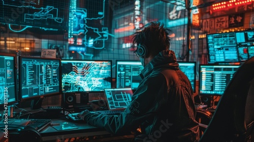 AI hacker in a dimly lit cyberpunk hideout