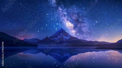 Mountain peak under star-filled sky reflecting in a lake. Nighttime wilderness landscape.