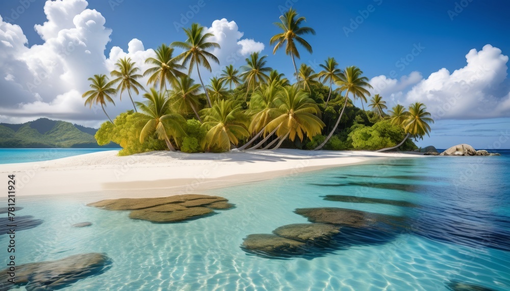 A tranquil tropical island, with lush palm trees, pristine white sands, and crystal-clear turquoise waters under a bright blue sky with fluffy clouds. AI Generation