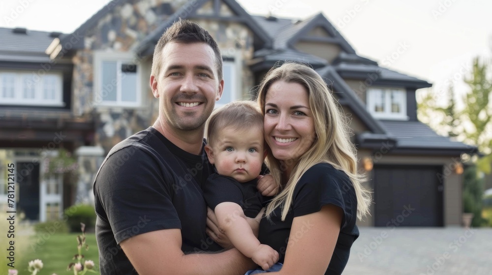 A family posing for a portrait in front of their dream home, made possible through long-term investment in real estate. 