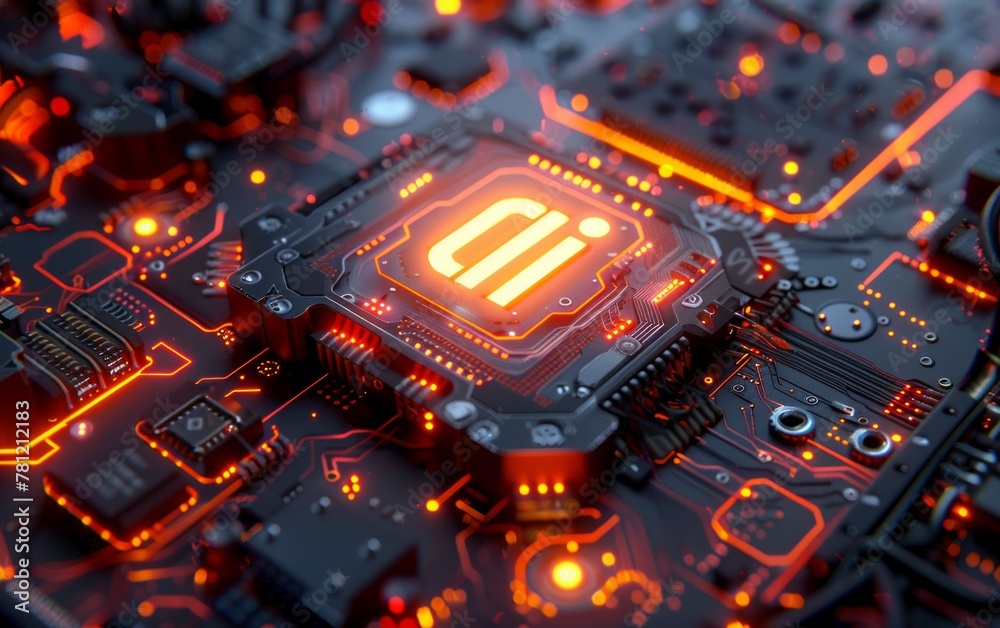 the ai logo over a computer circuit board, in the style of realistic hyper-detailed rendering, light orange and dark azure the ai logo over a computer circuit board, in the style of realistic hyper-detailed rendering, light orange and dark azure