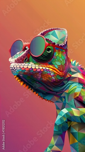 Colorful geometric chameleon with sunglasses illustration. Abstract animal art. design creativity.
