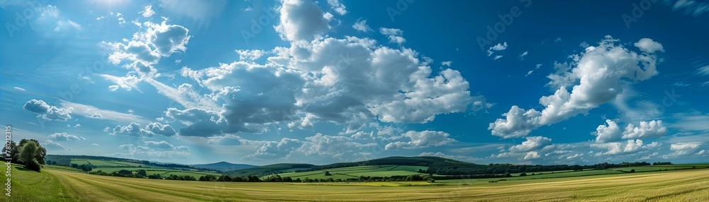 Expansive landscape with blue sky and fluffy clouds. Nature's beauty and tranquility concept.