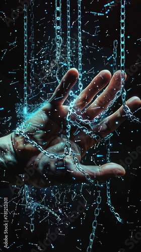 Hand clutching chains with glowing blue particles. Freedom and breaking free concept.
