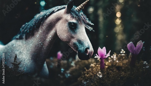 meeting with a unicorn in an enchanted forest where instead of flowers are crystal © Dayami