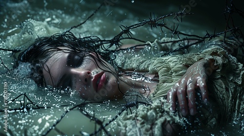 A woman lies in the water, wrapped and entangled in thick black fishing nets that cover her entire body