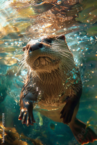 a pristine river, Otters frolic in the cool waters