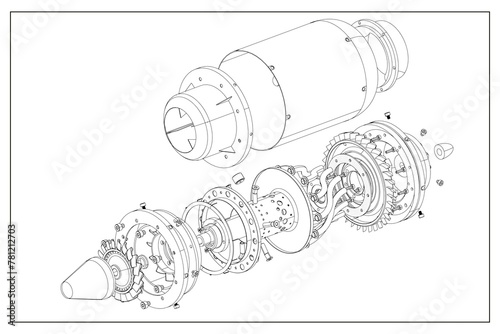 3D project of a jet engine with an exploded view.