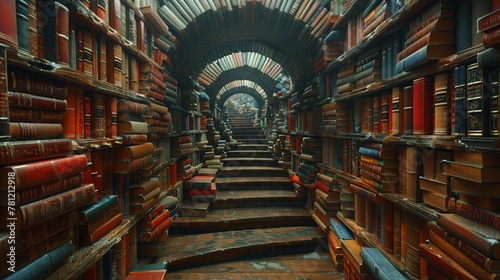 Pathway to wisdom shown as a ladder weaving through a maze of towering book stacks