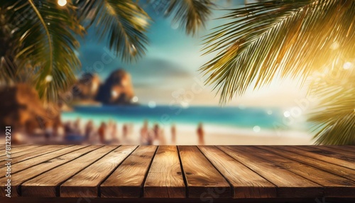 empty wooden table and palm leaves with party on beach blurred background in summer time