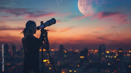A person looking out at a city skyline with a telescope, symbolizing the foresight and vision required for long-term investment planning.