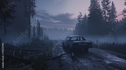 An abandoned car on a foggy road at dawn, the surrounding forest looming, evoking a sense of suspense and foreboding